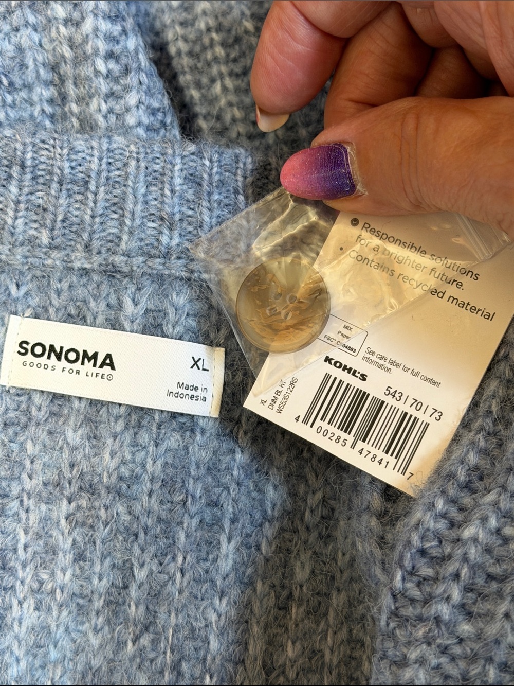 NWT Cardigan Sweater Fuzzy Light Blue Full Button Size XL - Picture 4 of 6